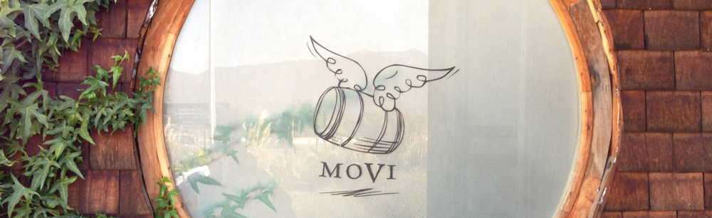 The MOVI logo as displayed on a window at Casa Botha restaurant in Casablanca, Chile.