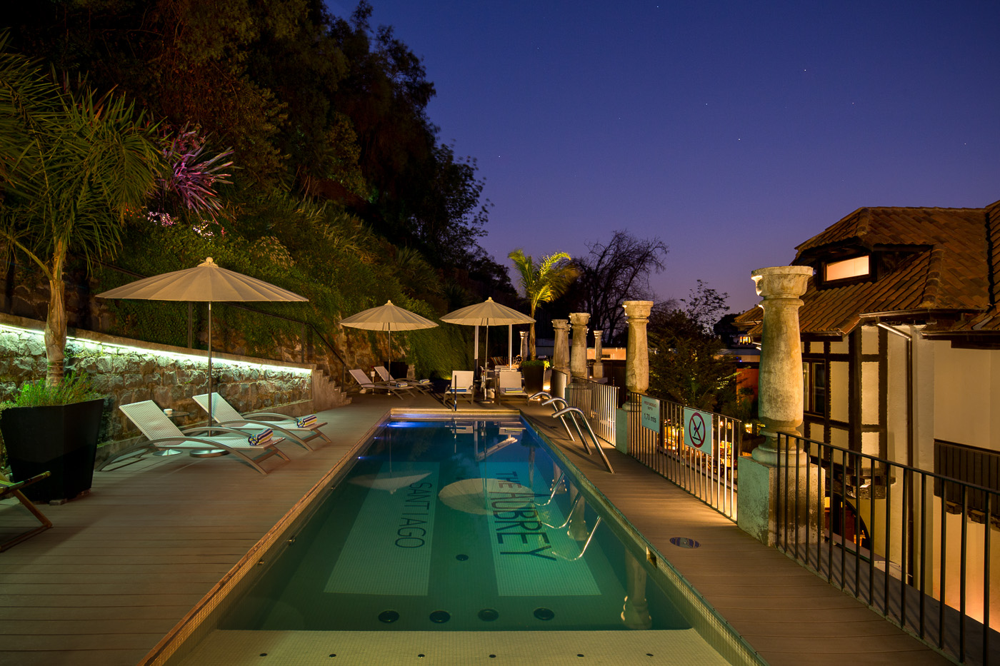 The Aubrey pool at night.